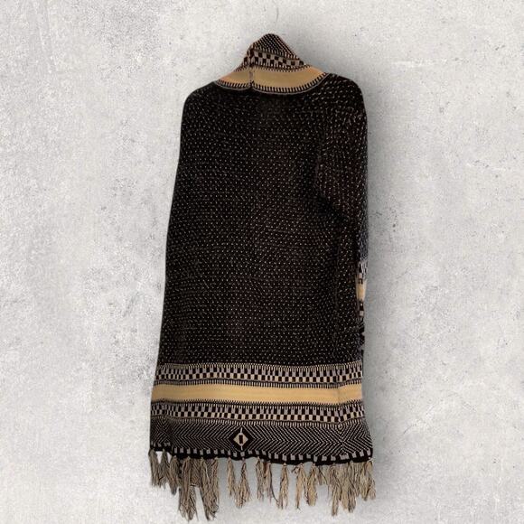 Bibi Women's Black Beige Fringe Cardigan Southwestern Knit Sweater Medium New - Picture 3 of 8
